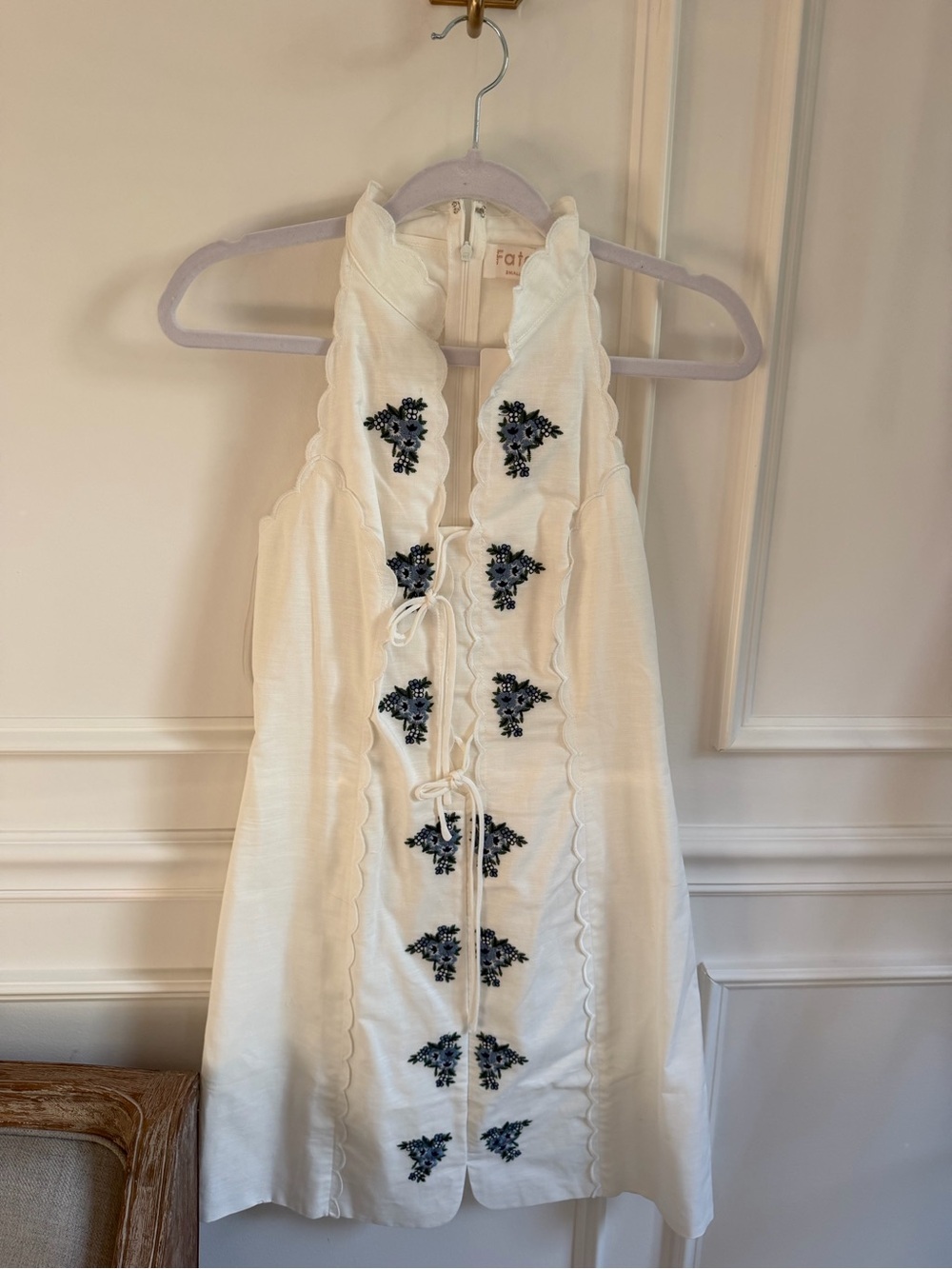 Fate White Halter Mini Dress with Navy Floral Embroidery